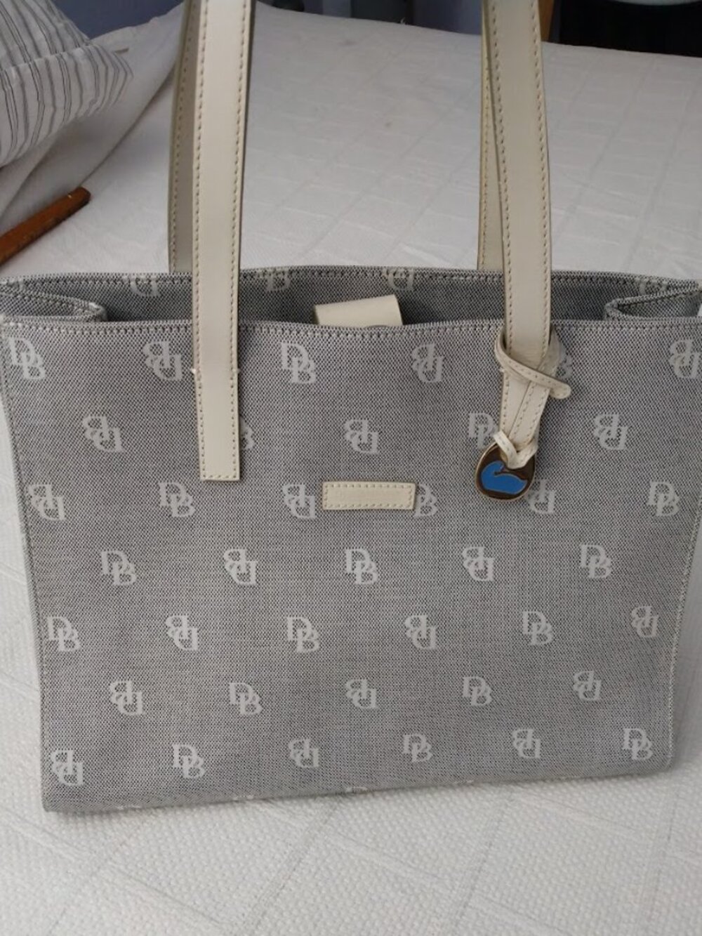 Dooney and Bourke Monogram Tote Satchel Shoulder Bag Blue Canvas Preppy